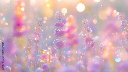 A dreamy composition of summer flowers emerges softly against a blurred pastel backdrop, with bokeh effect, bubbles, and sparkles, evoking a serene, enchanting atmosphere.