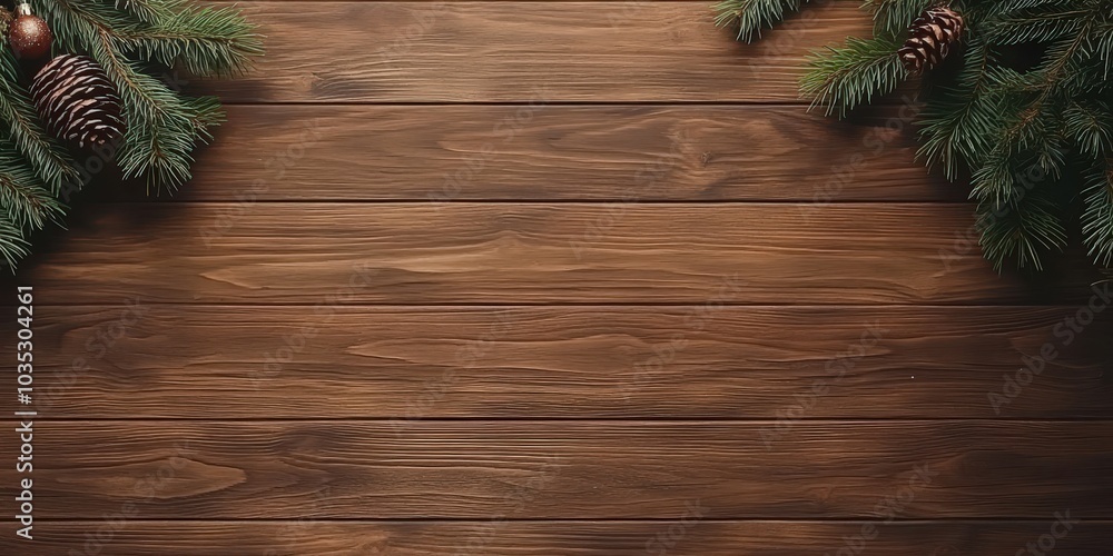 Rustic Wood Background with Pine Branches and Cones Rustic Wood Background with Pine Branches and Cones