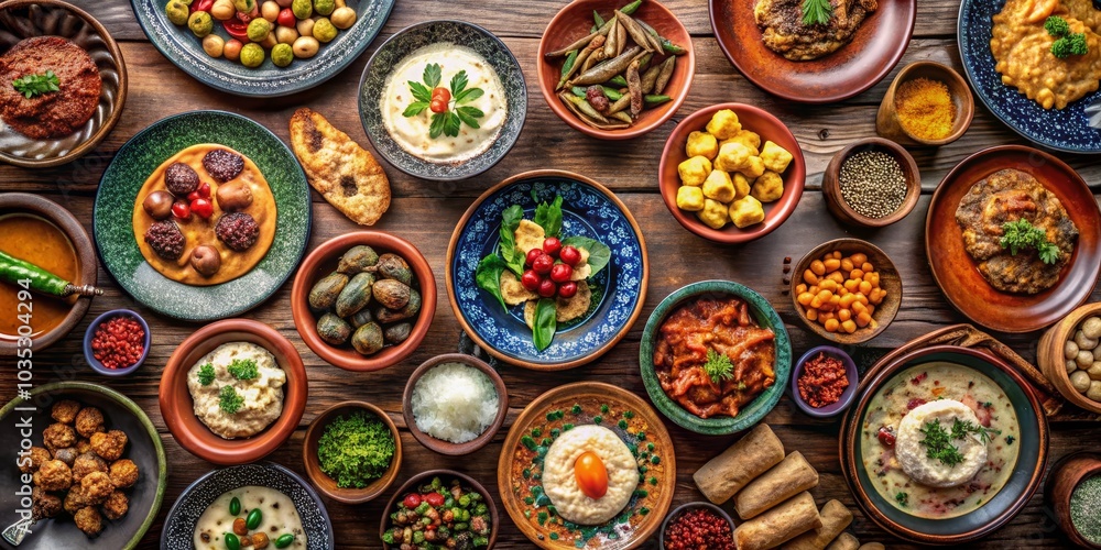 Aromatic Turkish Meze Feast with Rustic Plates on Wooden Table, turkish food, meze Aromatic Turkish Meze Feast with Rustic Plates on Wooden Table, turkish food, meze