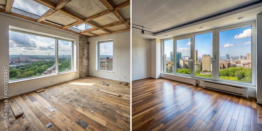 Obraz premium Before and After Renovation Modern City View Apartment with Hardwood Floors, renovation, real estate