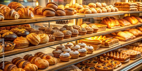 Bakery Display Shelves With Fresh Baked Goods, Bakery, Bread