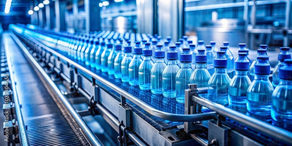 Obraz premium Bottled Water Conveyor Belt Production Line, Manufacturing, Industry