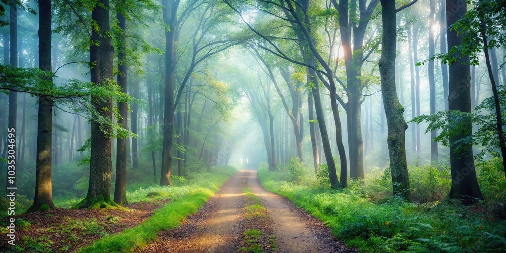 Fototapeta premium Ethereal morning mist covering forest path with trees