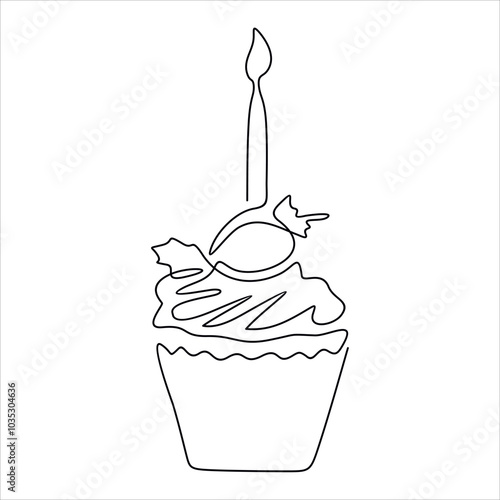 Continuous line drawing of birthday cake with candle. Christmas or Easter muffin, cupcake for anniversary. Vector outline illustration of sweet pastry, hand drawn sketch of bakery dessert with cream
