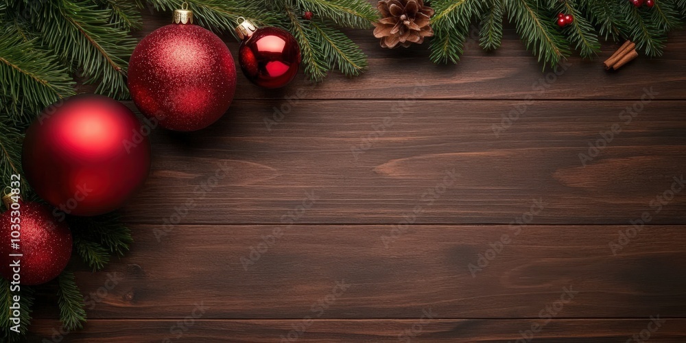 Festive Christmas Ornaments and Pine Branches Decoration Festive Christmas Ornaments and Pine Branches Decoration
