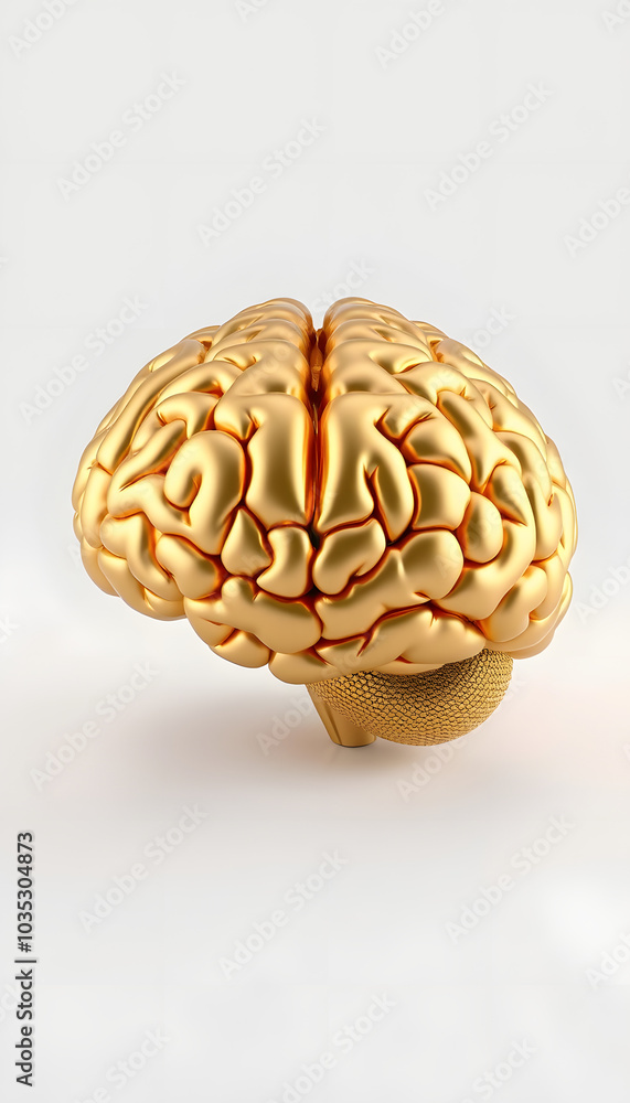 3d render image of a gold-colored human brain on a white and black isolated with white highlights, png 3d render image of a gold-colored human brain on a white and black isolated with white highlights, png