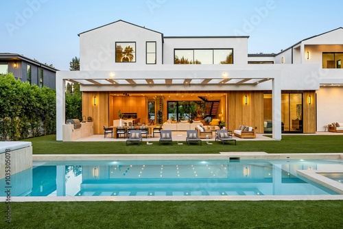 Modern luxury home with pool at dusk.