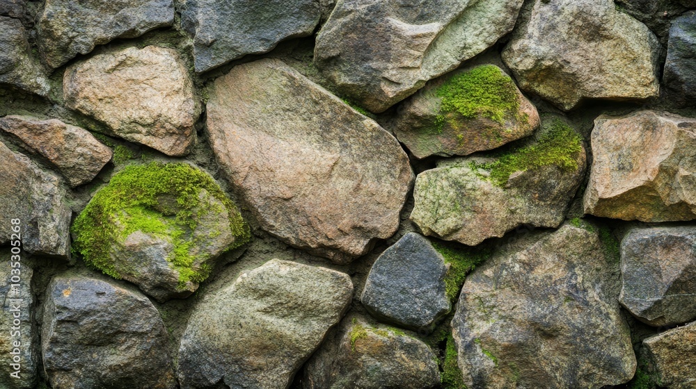 A textured stone wall featuring various shapes and sizes of rocks, with green moss adding a natural touch. A textured stone wall featuring various shapes and sizes of rocks, with green moss adding a natural touch.