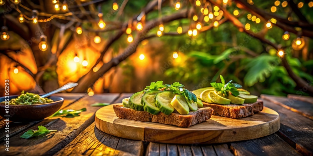 Breakfast Delight: Fried Bread and Avocado Toast on Wooden Table with Green Background Breakfast Delight: Fried Bread and Avocado Toast on Wooden Table with Green Background