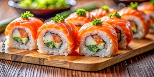 Close-up of Salmon Sushi Rolls on Wooden Plate, Japanese Cuisine, Seafood ,sushi, japanese food