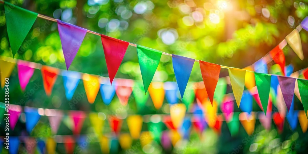 Colorful Triangular Flags Hanging Against a Sunny Green Bokeh Background, party , celebration Colorful Triangular Flags Hanging Against a Sunny Green Bokeh Background, party , celebration