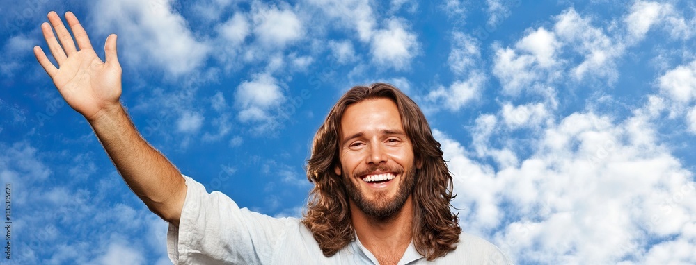 Jesus smiling and waving joyfully under a bright blue sky, radiating warmth, hope, and positivity on a brilliant day Jesus smiling and waving joyfully under a bright blue sky, radiating warmth, hope, and positivity on a brilliant day