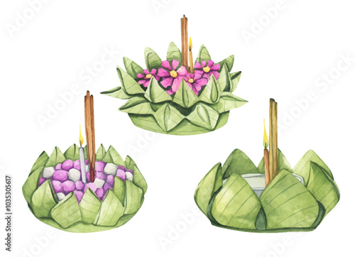 Watercolor painting of krathong. Loy krathong festival illustration element.