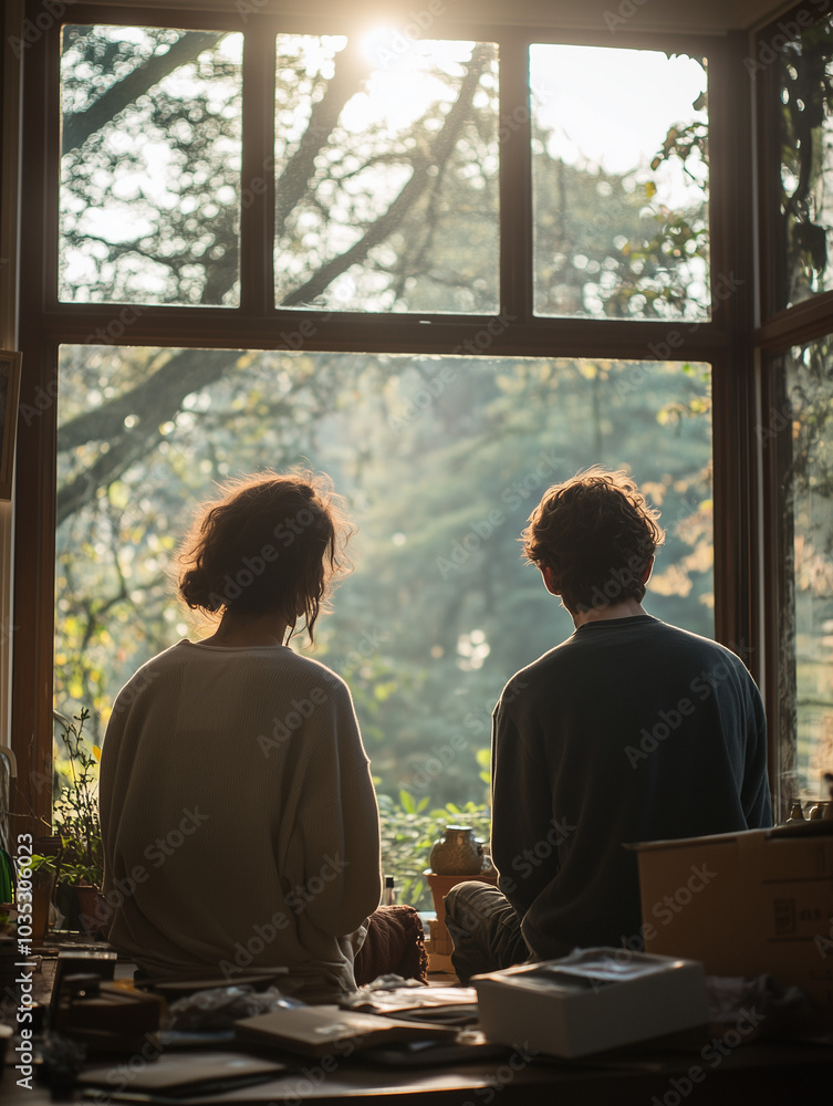 A couple sits closely together by a large window, gazing outside at nature as warm morning sunlight streams in, creating a serene and reflective atmosphere A couple sits closely together by a large window, gazing outside at nature as warm morning sunlight streams in, creating a serene and reflective atmosphere
