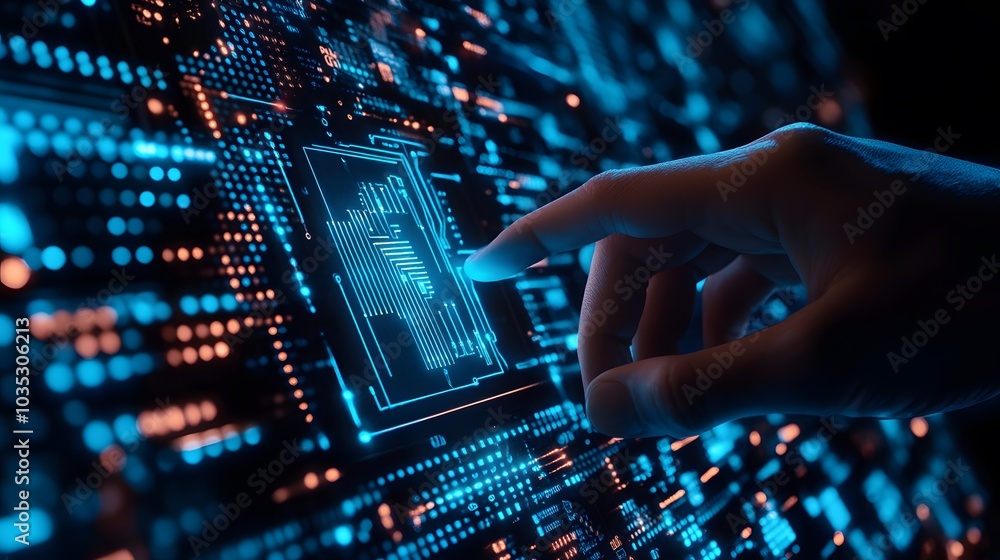 Obraz premium Artificial intelligence (AI) with machine deep learning and data mining and another modern computer technologies UI by hand touching CPU icon.