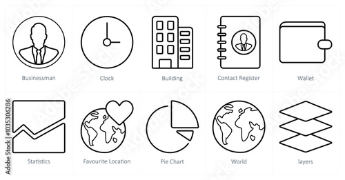 A set of 10 ui icons as businessman, clock, building photo