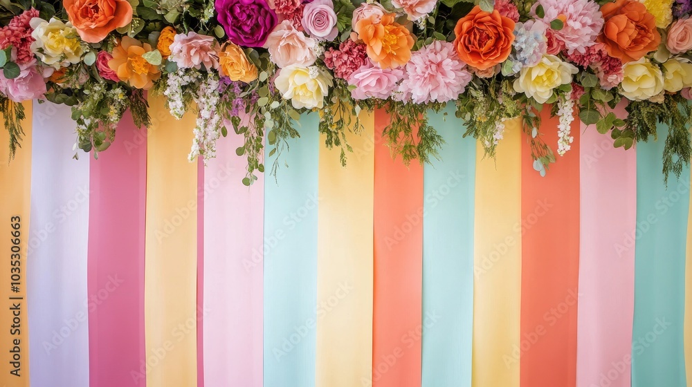 A beautiful, elegant photo backdrop featuring vibrant artificial flowers at the top, and alternating vertical stripes of bold and soft colors at the bottom A beautiful, elegant photo backdrop featuring vibrant artificial flowers at the top, and alternating vertical stripes of bold and soft colors at the bottom