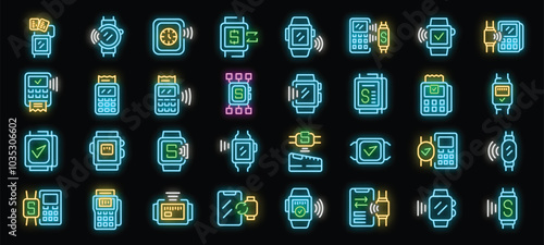 Neon glowing icons of smart watches making contactless nfc payments at pos terminals, showcasing various payment methods