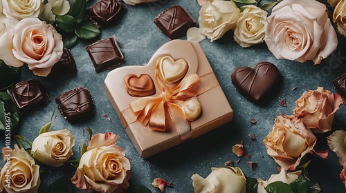 Heart-shaped gift box placed next to chocolates and roses on a romantic table