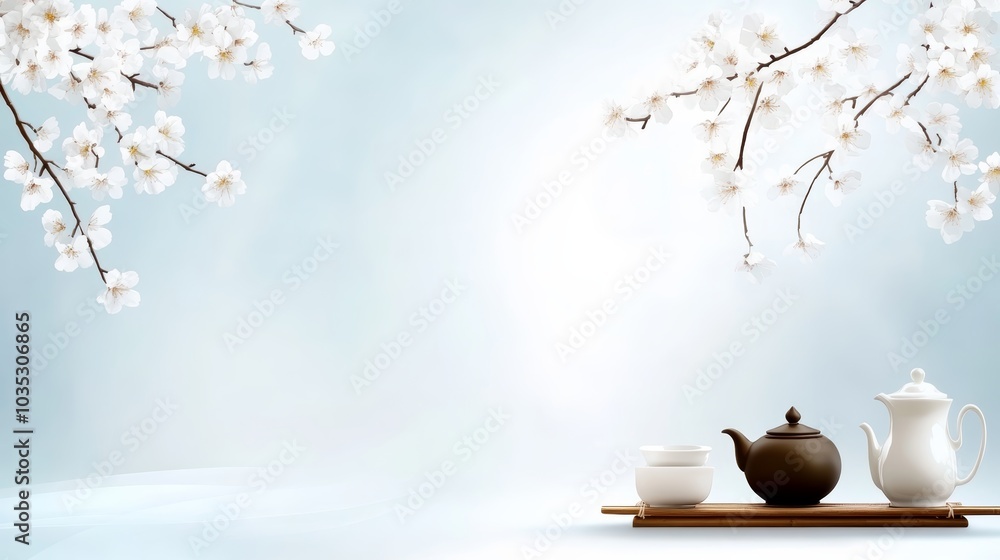 A serene image featuring delicate cherry blossoms and a tea set on a wooden tray, creating a peaceful atmosphere. A serene image featuring delicate cherry blossoms and a tea set on a wooden tray, creating a peaceful atmosphere.