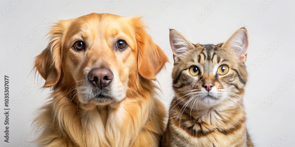 Golden Retriever and Tabby Cat Side by Side Portrait, pet portrait, animal photography, dog and cat Golden Retriever and Tabby Cat Side by Side Portrait, pet portrait, animal photography, dog and cat