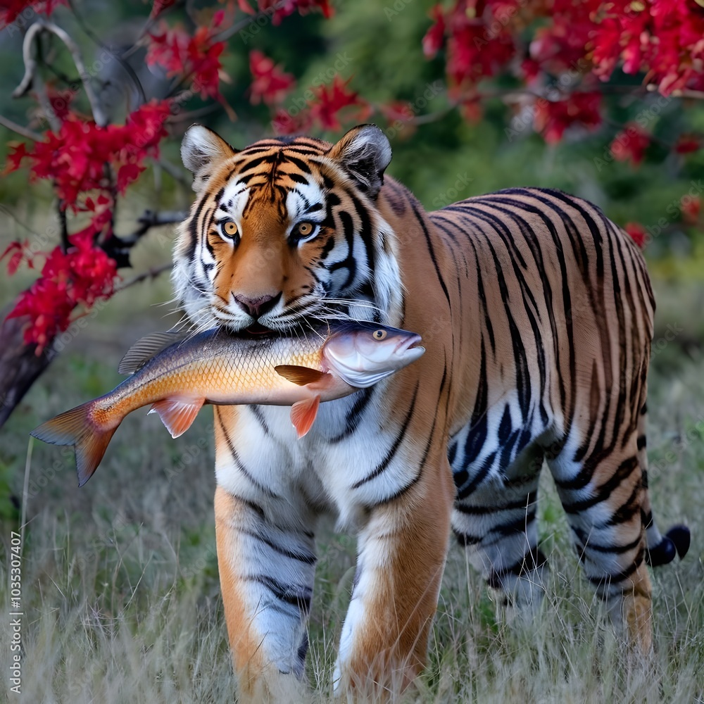 Fototapeta premium A full grown tiger holding a large fish in it's mouth