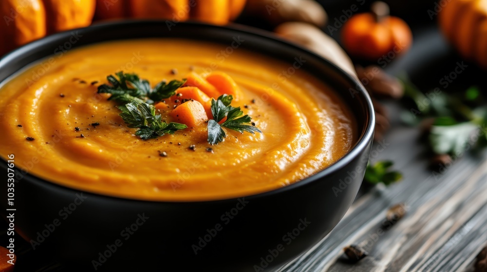 A delicious bowl of pumpkin soup is perfectly presented, topped with fresh herbs and a dash of black pepper, offering a warm and hearty dining experience. A delicious bowl of pumpkin soup is perfectly presented, topped with fresh herbs and a dash of black pepper, offering a warm and hearty dining experience.