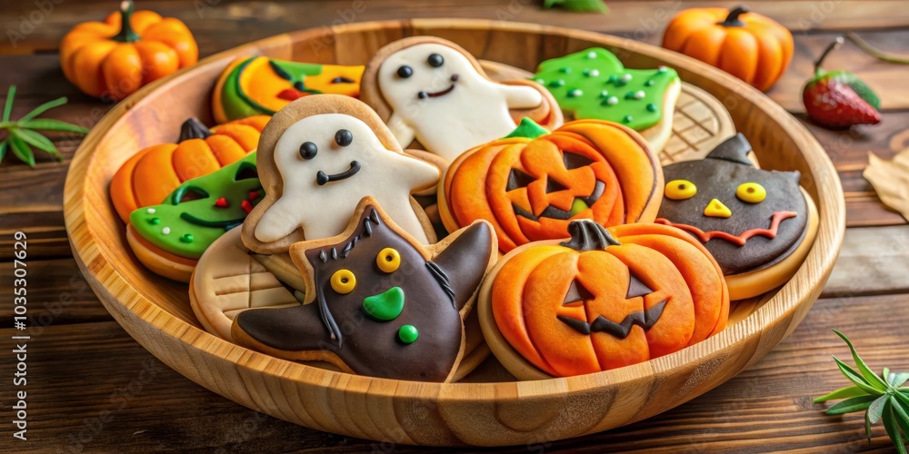 Halloween Cookies in a Wooden Bowl, Pumpkin, Ghost , Halloween Halloween Cookies in a Wooden Bowl, Pumpkin, Ghost , Halloween
