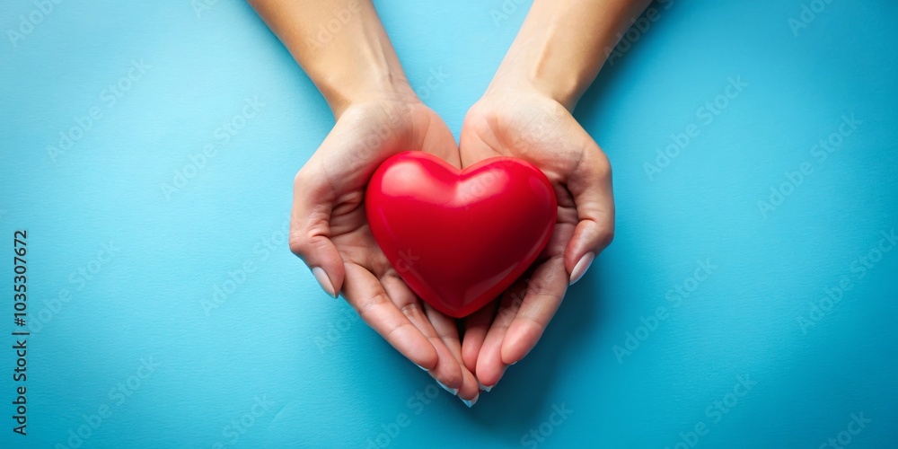 Hands Holding Red Heart on Blue Background, love, heart Hands Holding Red Heart on Blue Background, love, heart