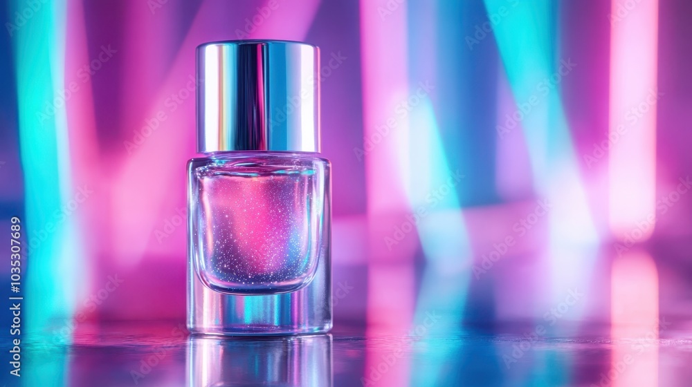 The image features a holographic nail polish bottle, accompanied by dramatic kaleidoscope light effects in pink and blue, creating a glamorous and eye-catching visual impact. The image features a holographic nail polish bottle, accompanied by dramatic kaleidoscope light effects in pink and blue, creating a glamorous and eye-catching visual impact.