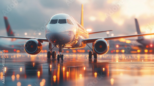 Airplane taxiing on the runway at sunset.