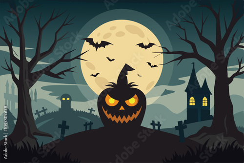 Halloween design with hunted tree, pumpkin, house and bats vector illustration - Generative AI