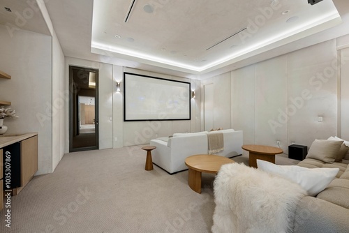 Foto Luxurious modern home theater room with neutral tones.