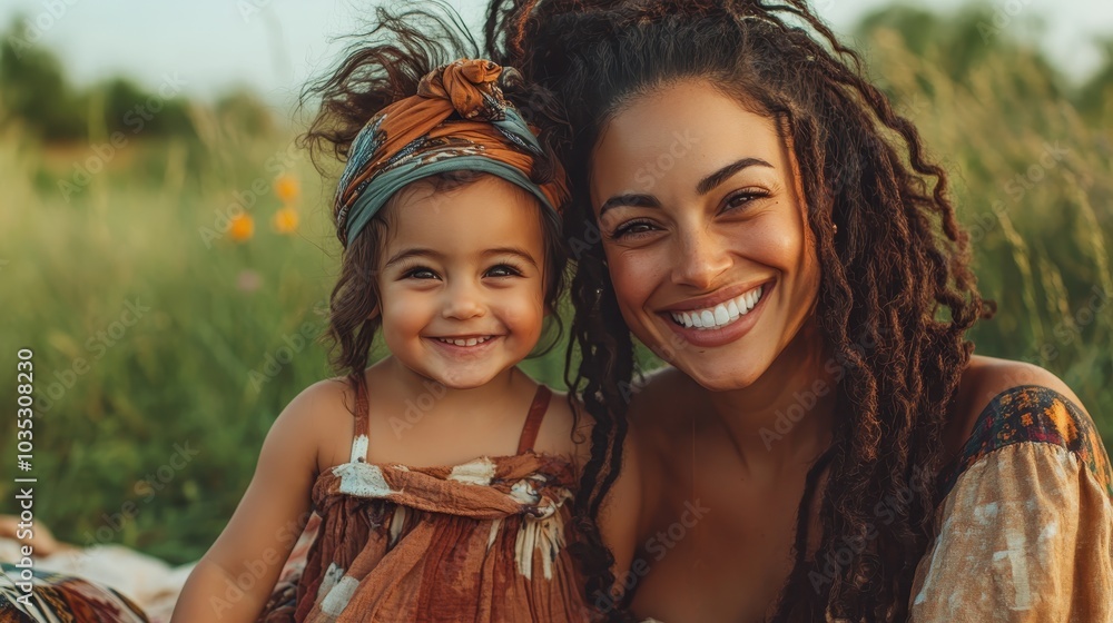 Fototapeta premium A joyful portrait of a smiling mother and daughter duo in a grassy field adorned with matching styled clothing, exuding warmth and happiness in natural surroundings.