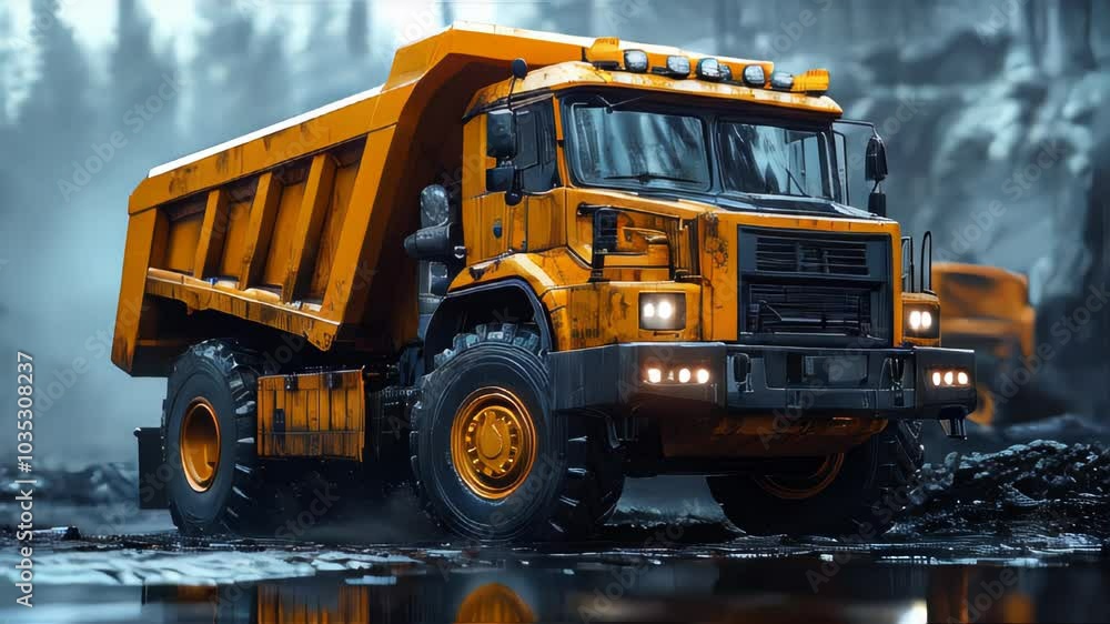 A rugged yellow dump truck used for heavy-duty tasks at a construction site, standing on muddy ground, ready for work A rugged yellow dump truck used for heavy-duty tasks at a construction site, standing on muddy ground, ready for work