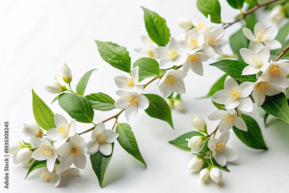 Obraz premium Flowering jasmine branches with flowers and leaves isolated on white background
