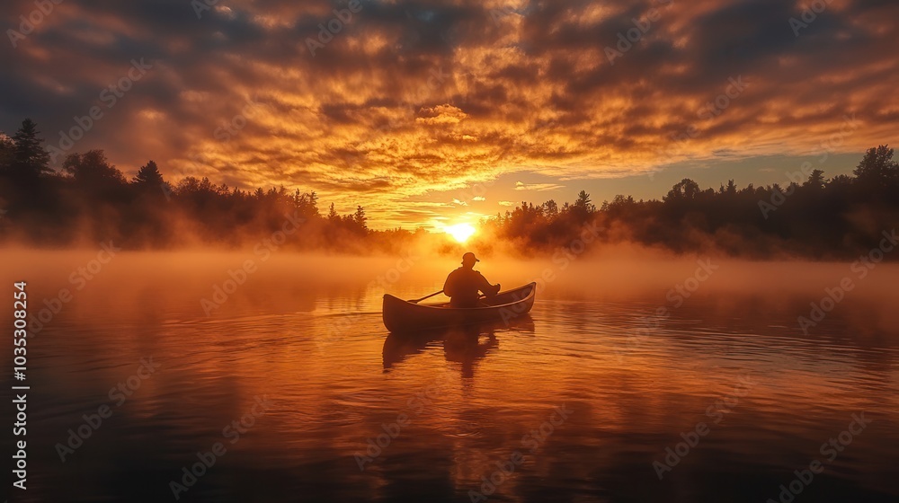 A lone canoeist paddles through misty waters at sunrise, surrounded by a breathtaking, fiery sky reflected in the serene lake. A lone canoeist paddles through misty waters at sunrise, surrounded by a breathtaking, fiery sky reflected in the serene lake.