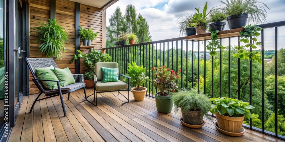 Obraz premium Modern Balcony with Wooden Floor and Green Plants, Balcony Design, Outdoor Decor
