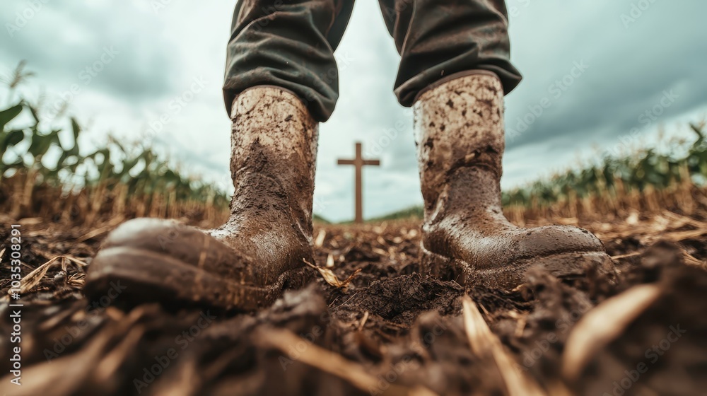 A compelling scene of mud-covered boots positioned firmly in a field, with a wooden cross in the backdrop, symbolizing perseverance and resilience amidst nature. A compelling scene of mud-covered boots positioned firmly in a field, with a wooden cross in the backdrop, symbolizing perseverance and resilience amidst nature.