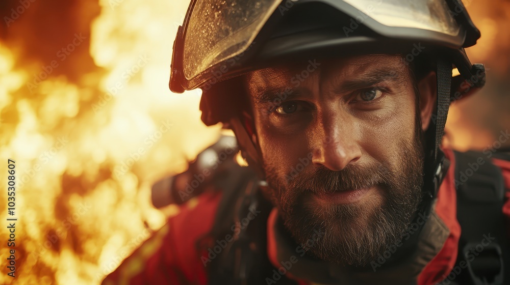 A close-up shot of a determined firefighter's face against the backdrop of a raging fire, capturing themes of bravery, resolve, and resilience. A close-up shot of a determined firefighter's face against the backdrop of a raging fire, capturing themes of bravery, resolve, and resilience.