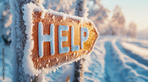 A wooden sign covered in frost reads "HELP" in a snowy winter landscape.