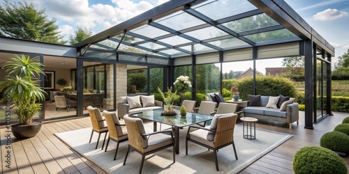 Modern Patio with Glass Roof and Outdoor Furniture, patio design, outdoor living