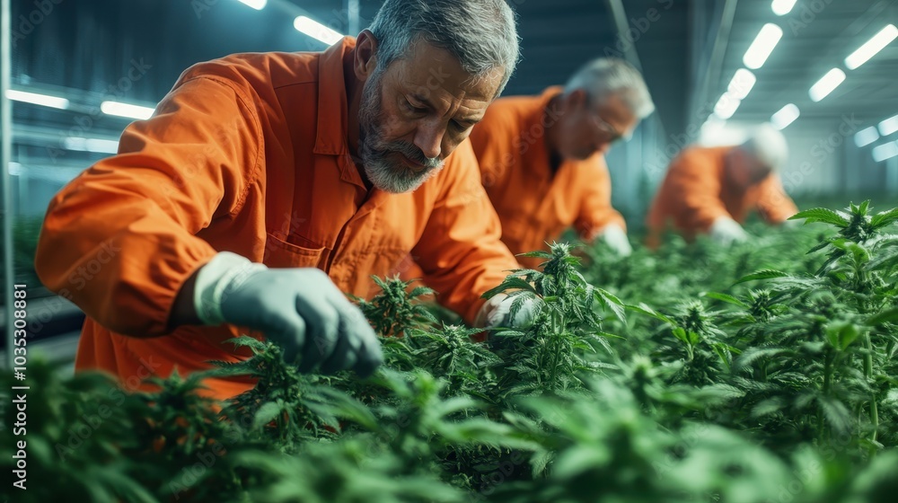 A group of workers, clad in orange uniforms, meticulously care for plants in an industrial greenhouse, representing dedication and modern agricultural practices. A group of workers, clad in orange uniforms, meticulously care for plants in an industrial greenhouse, representing dedication and modern agricultural practices.