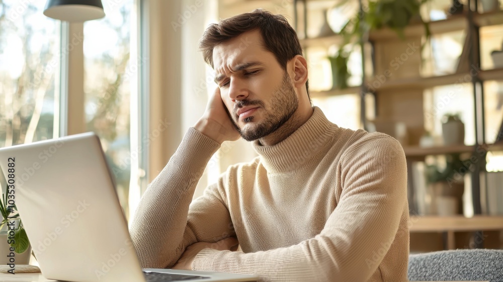 Man holding sore neck while using notebook computer. He sitting at table. Sick worker concept Man holding sore neck while using notebook computer. He sitting at table. Sick worker concept