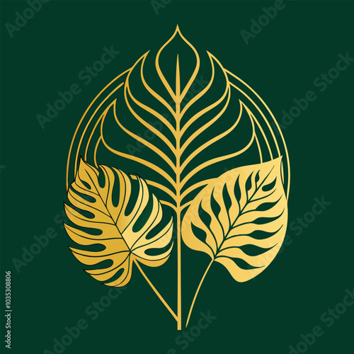 Luxury green background with golden split-leaf Philodendron and Monstera line art, elegant design.