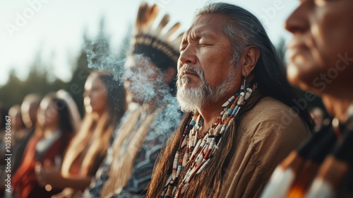 An elder person participates in a spiritual outdoor ceremony, exuding peace and wisdom, surrounded by nature, emphasizing the importance of ritual and connection.