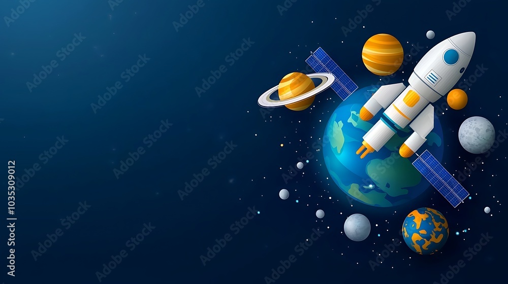 Naklejka premium Experience a vibrant space adventure featuring a rocket exploring the universe, surrounded by colorful planets and a satellite orbiting Earth. Perfect for creative projects!