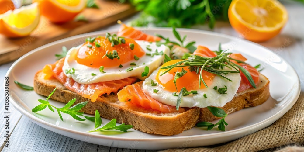 Poached Egg and Smoked Salmon Toast with Fresh Herbs, Breakfast, Food Photography, brunch , food styling Poached Egg and Smoked Salmon Toast with Fresh Herbs, Breakfast, Food Photography, brunch , food styling
