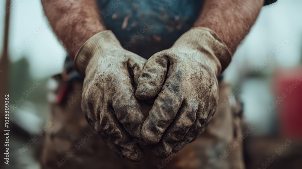 A close-up of work-worn hands covered in dirt and soil, clad in heavy duty gloves, symbolizes the essence of hard work and toil in nature-focused industries. A close-up of work-worn hands covered in dirt and soil, clad in heavy duty gloves, symbolizes the essence of hard work and toil in nature-focused industries.
