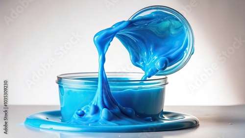 blue slime liquid substance flowing from a container, laboratory, reaction, test tube